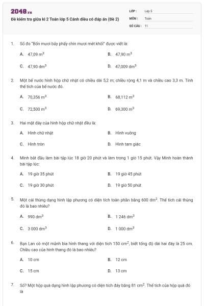 Đề kiểm tra giữa kì 2 Toán lớp 5 Cánh diều có đáp án (Đề 2)