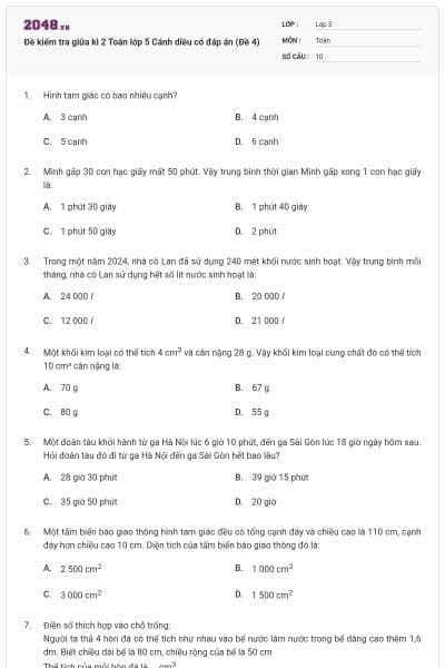 Đề kiểm tra giữa kì 2 Toán lớp 5 Cánh diều có đáp án (Đề 4)