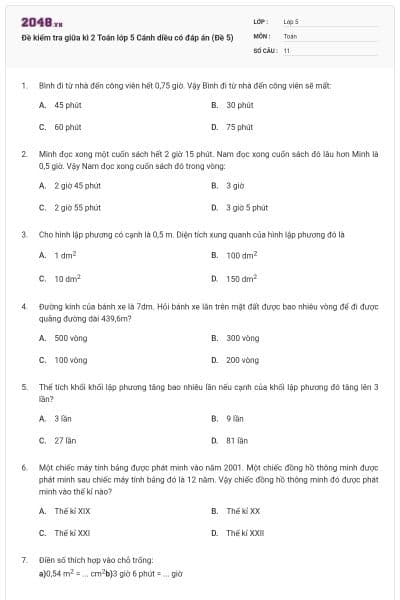 Đề kiểm tra giữa kì 2 Toán lớp 5 Cánh diều có đáp án (Đề 5)