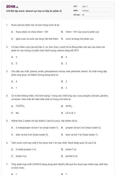 224 Bài tập ancol- phenol cực hay có đáp án (phần 4)