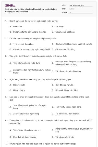 200+ câu trắc nghiệm tổng hợp Phân tích tài chính tổ chức tín dụng có đáp án - Phần 1