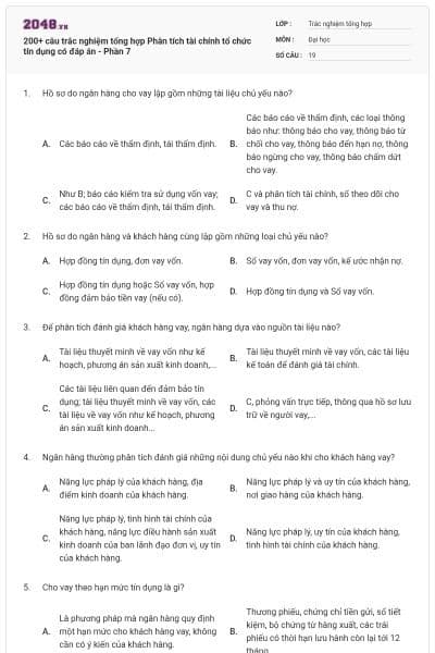 200+ câu trắc nghiệm tổng hợp Phân tích tài chính tổ chức tín dụng có đáp án - Phần 7