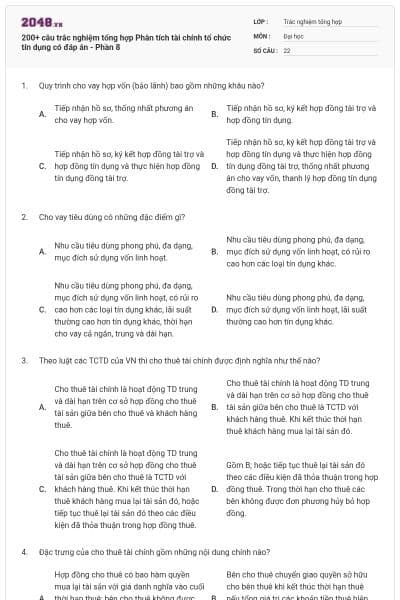 200+ câu trắc nghiệm tổng hợp Phân tích tài chính tổ chức tín dụng có đáp án - Phần 8