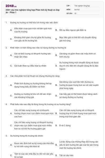 200+ câu trắc nghiệm tổng hợp Phân tích kỹ thuật có đáp án - Phần 1