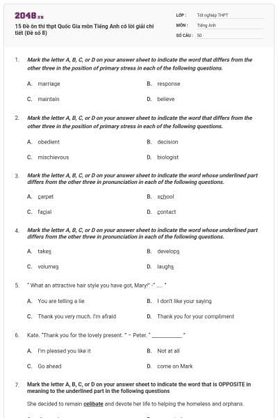 15 Đề ôn thi thpt Quốc Gia môn Tiếng Anh có lời giải chi tiết (Đề số 8)
