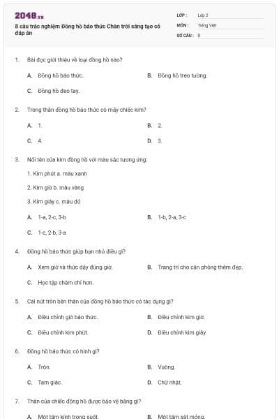 8 câu trắc nghiệm Đồng hồ báo thức Chân trời sáng tạo có đáp án