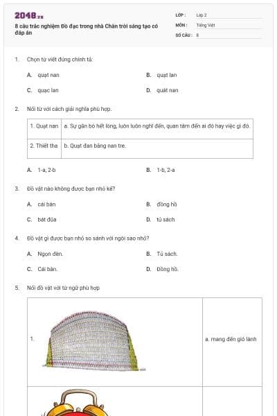 8 câu trắc nghiệm Đồ đạc trong nhà Chân trời sáng tạo có đáp án