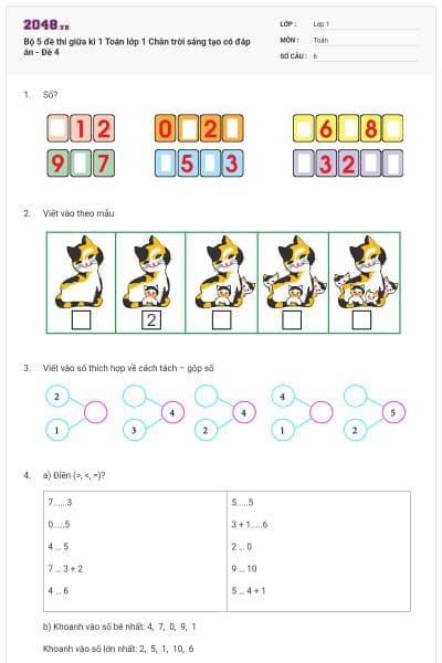 Bộ 5 đề thi giữa kì 1 Toán lớp 1 Chân trời sáng tạo có đáp án - Đề 4