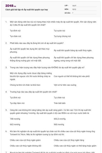 Cách giải bài tập về Áp suất khí quyển cực hay
