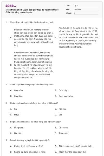 5 câu trắc nghiệm Luyện tập giới thiệu đồ vật quen thuộc Chân trời sáng tạo có đáp án