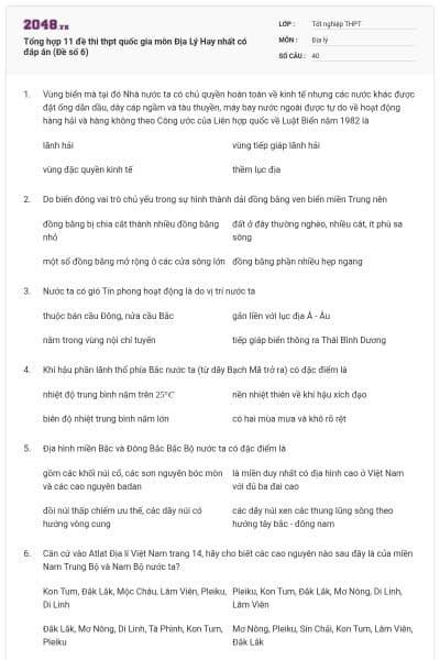 Tổng hợp 11 đề thi thpt quốc gia môn Địa Lý Hay nhất có đáp án (Đề số 6)