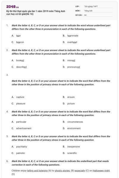 Kỳ thi thử thpt quốc gia lần 1 năm 2019 môn Tiếng Anh cực hay có lời giải(Đề 16)