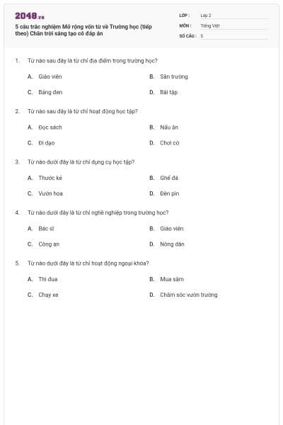 5 câu trắc nghiệm Mở rộng vốn từ về Trường học (tiếp theo) Chân trời sáng tạo có đáp án