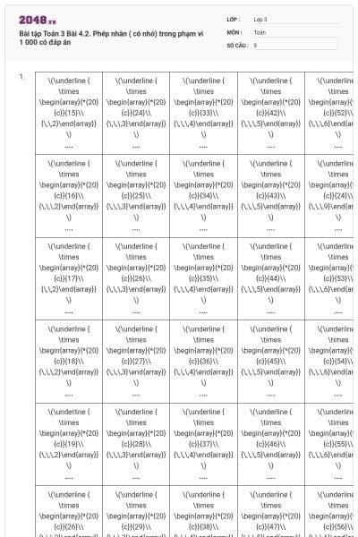 Bài tập Toán 3 Bài 4.2. Phép nhân ( có nhớ) trong phạm vi 1 000 có đáp án