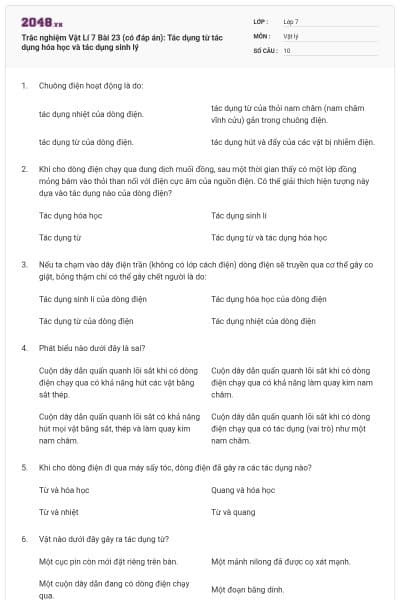 Trắc nghiệm Vật Lí 7 Bài 23 (có đáp án): Tác dụng từ tác dụng hóa học và tác dụng sinh lý