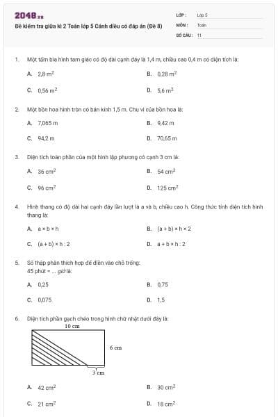 Đề kiểm tra giữa kì 2 Toán lớp 5 Cánh diều có đáp án (Đề 8)