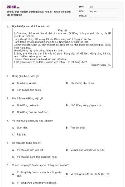 10 câu trắc nghiệm Đánh giá cuối học kì 1 Chân trời sáng tạo có đáp án