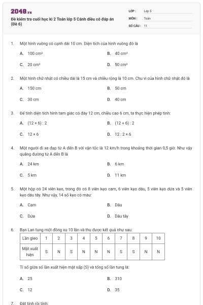 Đề kiểm tra cuối học kì 2 Toán lớp 5 Cánh diều có đáp án (Đề 6)