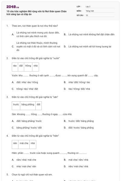 10 câu trắc nghiệm Mở rộng vốn từ Nơi thân quen Chân trời sáng tạo có đáp án