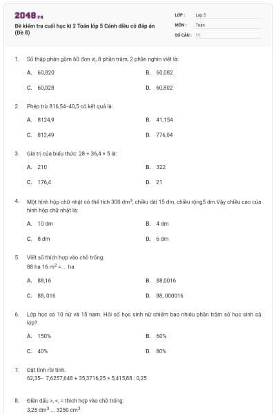 Đề kiểm tra cuối học kì 2 Toán lớp 5 Cánh diều có đáp án (Đề 8)
