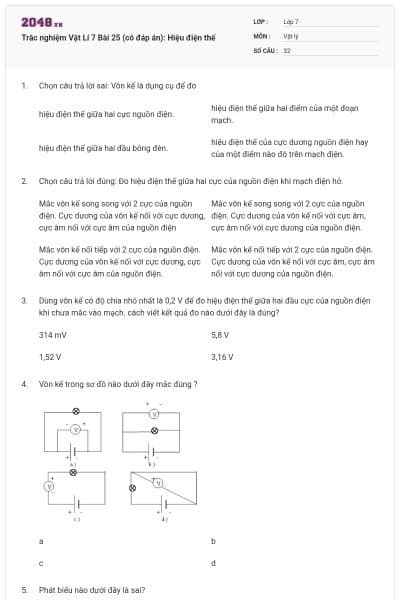 Trắc nghiệm Vật Lí 7 Bài 25 (có đáp án): Hiệu điện thế