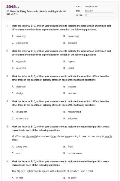 20 Đề ôn thi Tiếng Anh chuẩn cấu trúc có lời giải chi tiết (Đề số 01)