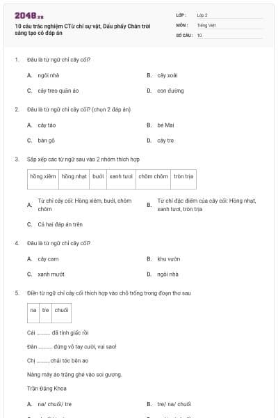 10 câu trắc nghiệm CTừ chỉ sự vật, Dấu phẩy Chân trời sáng tạo có đáp án