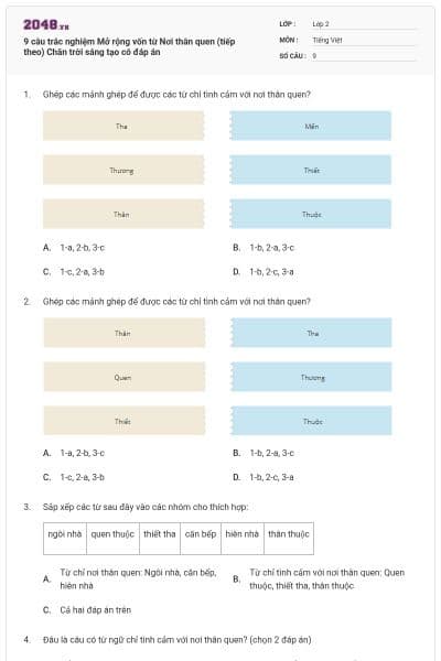 9 câu trắc nghiệm Mở rộng vốn từ Nơi thân quen (tiếp theo) Chân trời sáng tạo có đáp án