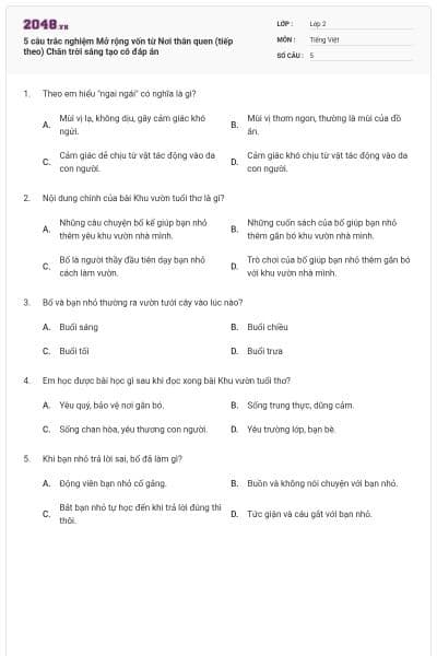 5 câu trắc nghiệm Mở rộng vốn từ Nơi thân quen (tiếp theo) Chân trời sáng tạo có đáp án