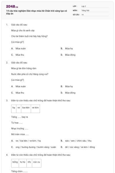 14 câu trắc nghiệm Dàn nhạc mùa hè Chân trời sáng tạo có đáp án