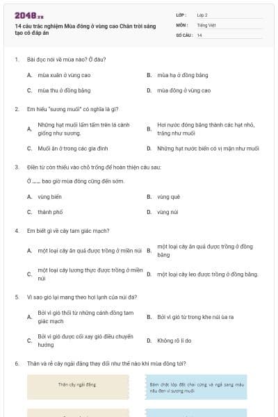 14 câu trắc nghiệm Mùa đông ở vùng cao Chân trời sáng tạo có đáp án