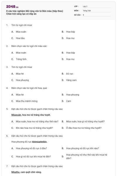 8 câu trắc nghiệm Mở rộng vốn từ Bốn màu (tiếp theo) Chân trời sáng tạo có đáp án