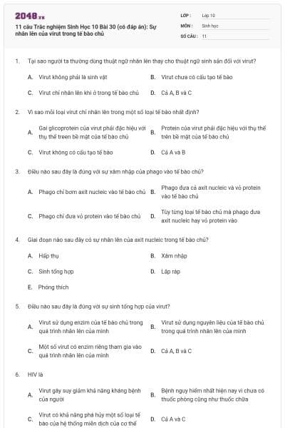 11 câu Trắc nghiệm Sinh Học 10 Bài 30 (có đáp án): Sự nhân lên của virut trong tế bào chủ