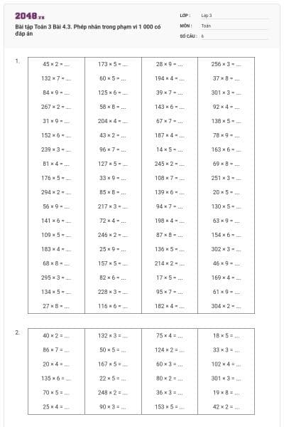 Bài tập Toán 3 Bài 4.3. Phép nhân trong phạm vi 1 000 có đáp án