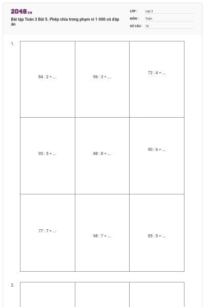 Bài tập Toán 3 Bài 5. Phép chia trong phạm vi 1 000 có đáp án