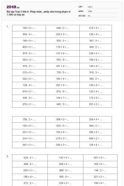 Bài tập Toán 3 Bài 6. Phép nhân , phép chia trong phạm vi 1 000 có đáp án