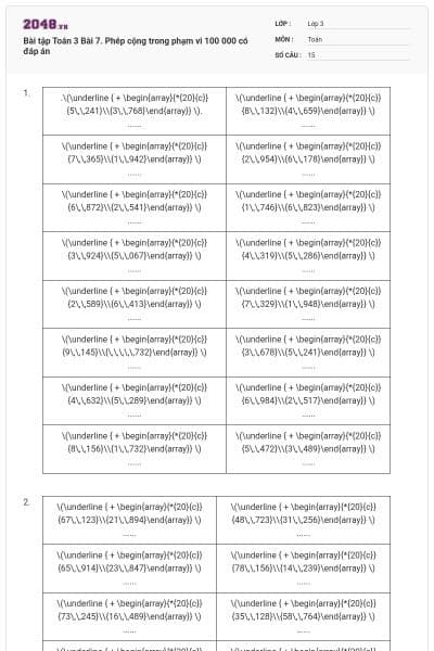 Bài tập Toán 3 Bài 7. Phép cộng trong phạm vi 100 000 có đáp án