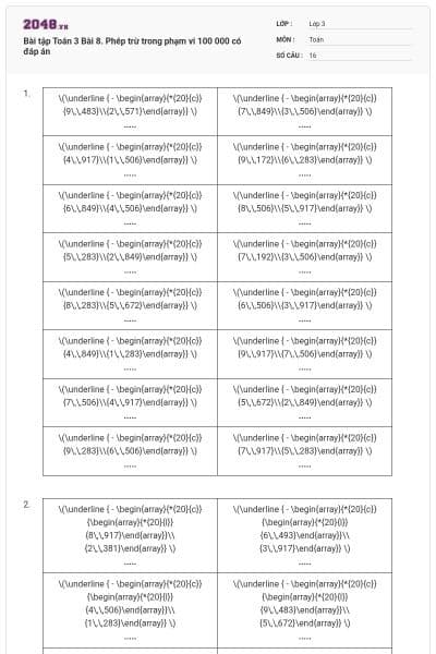 Bài tập Toán 3 Bài 8. Phép trừ trong phạm vi 100 000 có đáp án