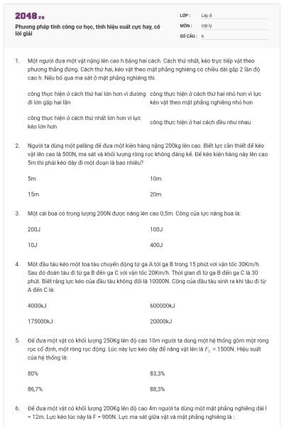 Phương pháp tính công cơ học, tính hiệu suất cực hay, có lời giải