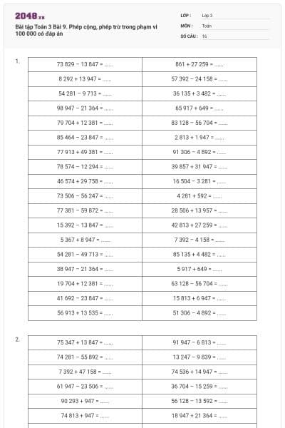 Bài tập Toán 3 Bài 9. Phép cộng, phép trừ trong phạm vi 100 000 có đáp án