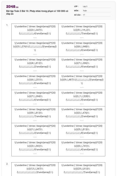 Bài tập Toán 3 Bài 10. Phép nhân trong phạm vi 100 000 có đáp án