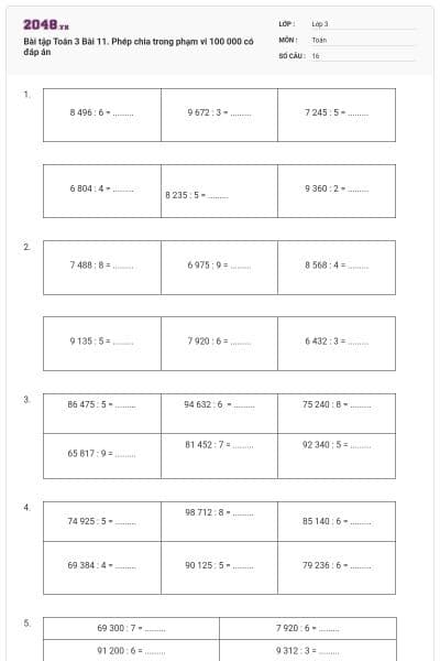 Bài tập Toán 3 Bài 11. Phép chia trong phạm vi 100 000 có đáp án