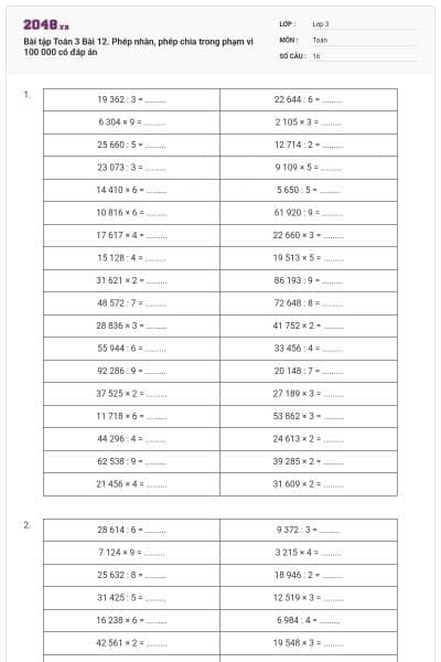 Bài tập Toán 3 Bài 12. Phép nhân, phép chia trong phạm vi 100 000 có đáp án