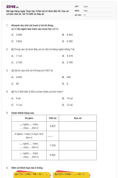 Bài tập hàng ngày Toán lớp 3 Kết nối tri thức Bài 45: Các số có bốn chữ số. Số 10 000 có đáp án