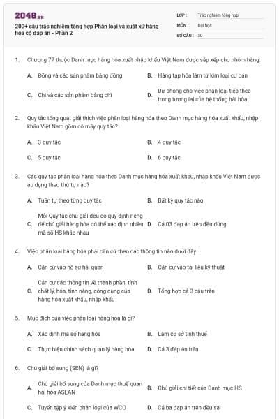 200+ câu trắc nghiệm tổng hợp Phân loại và xuất xứ hàng hóa có đáp án - Phần 2