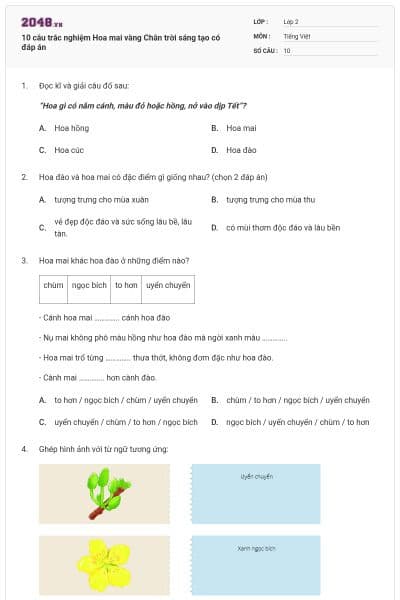 10 câu trắc nghiệm Hoa mai vàng Chân trời sáng tạo có đáp án