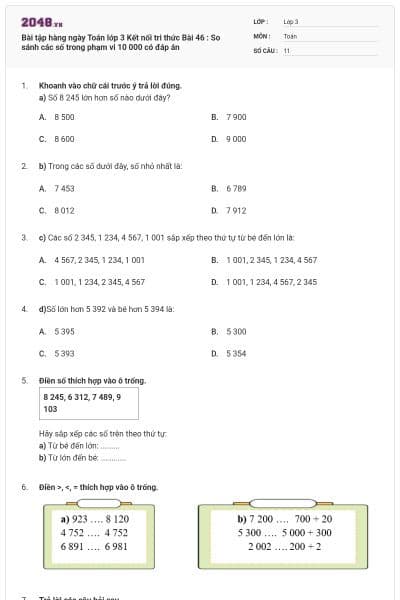 Bài tập hàng ngày Toán lớp 3 Kết nối tri thức Bài 46 : So sánh các số trong phạm vi 10 000 có đáp án