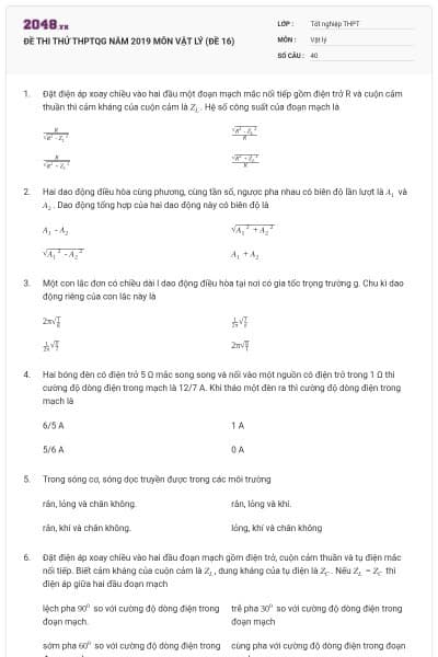 ĐỀ THI THỬ THPTQG NĂM 2019 MÔN VẬT LÝ (ĐỀ 16)