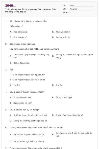 7 câu trắc nghiệm Từ chỉ hoạt động; Dấu chấm than Chân trời sáng tạo có đáp án