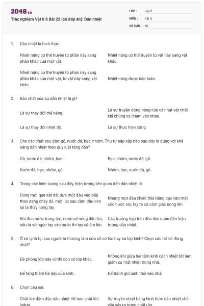 Trắc nghiệm Vật lí 8 Bài 22 (có đáp án): Dẫn nhiệt